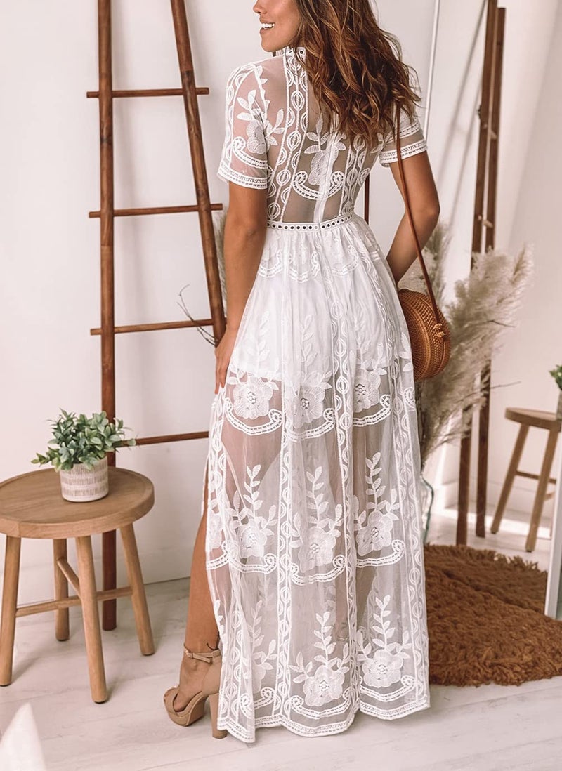Eleter Women's Lace Romper Dress V Neck Split Boho Beach Wedding Guest Bridesmaid Dress Bohemian Flowy Long Maxi Dress(L,White) - Image 5